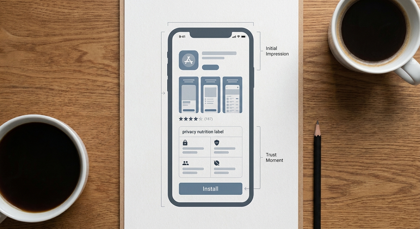 App Store page decision path showing icon, screenshots, ratings, privacy label, and install button in sequence.