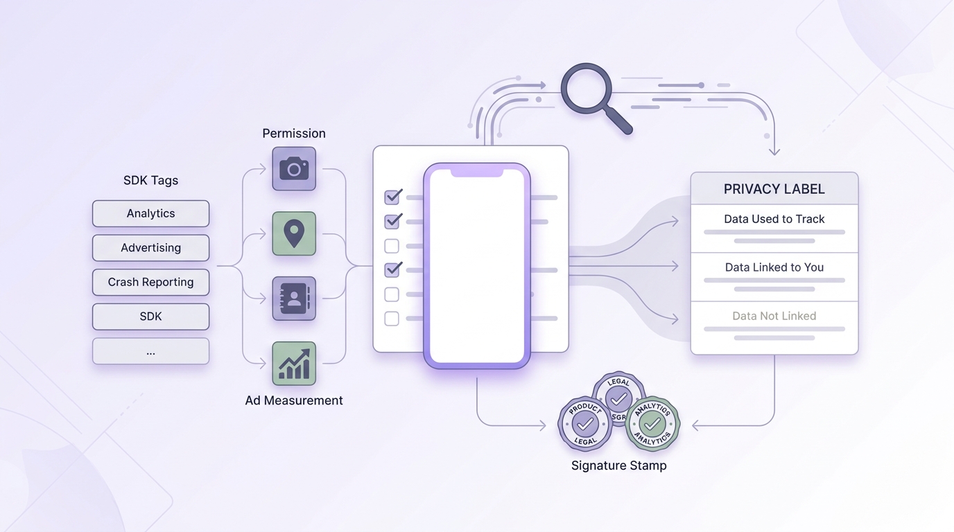 Checklist for App Store launch readiness covering SDKs, permissions, label mapping, sign-off, and submission review.