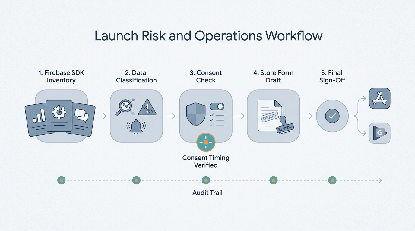 Workflow diagram for auditing Firebase privacy disclosures before publishing an app.