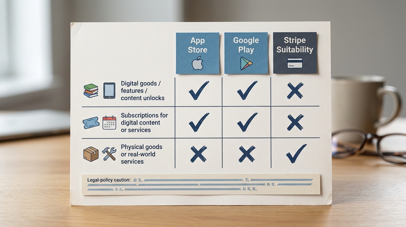 Comparison table of when Stripe is allowed versus when App Store or Google Play billing is required for different purchase types.