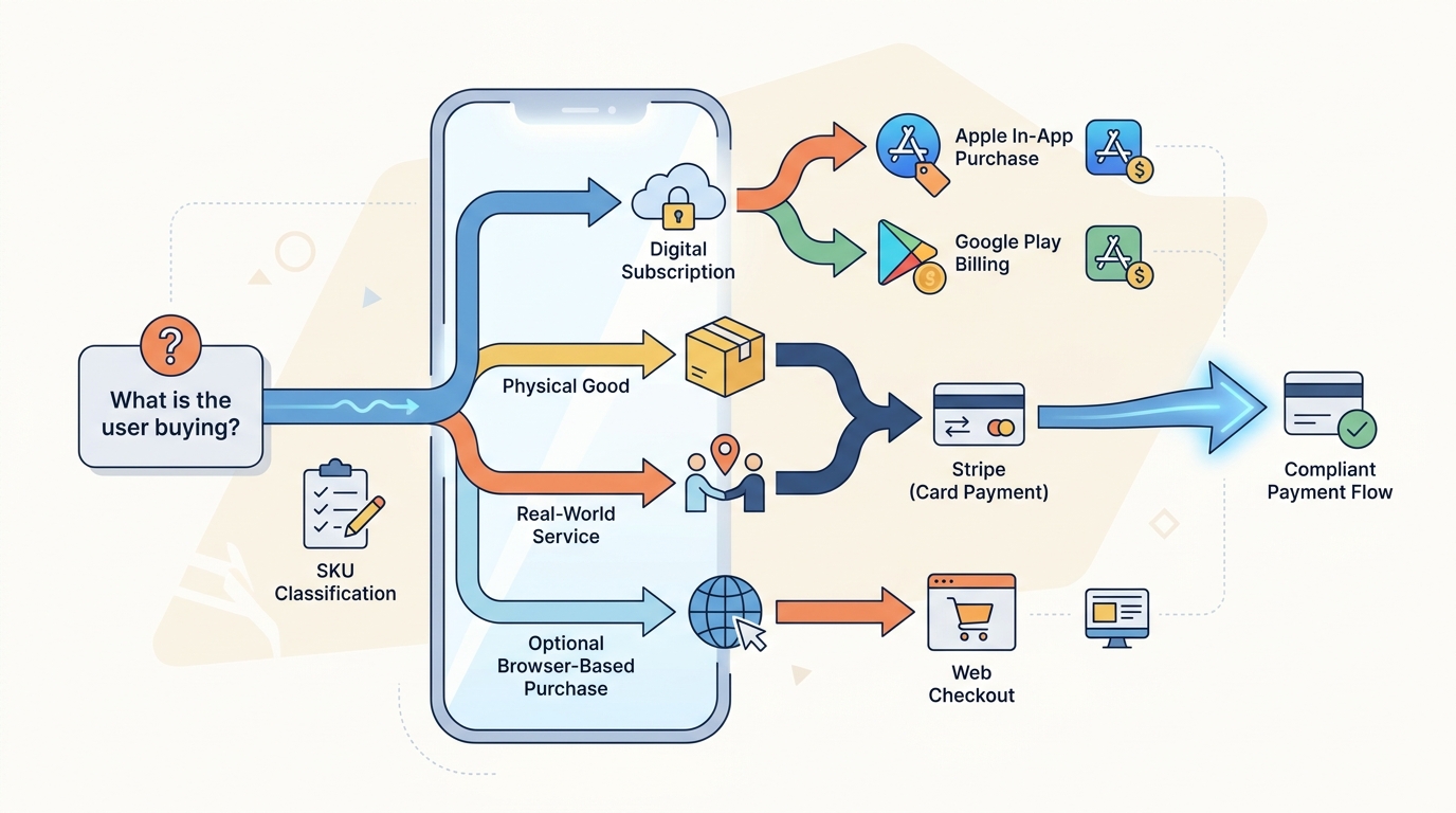 Decision tree for choosing Stripe, App Store billing, Google Play billing, or a web checkout based on what the mobile user is buying.