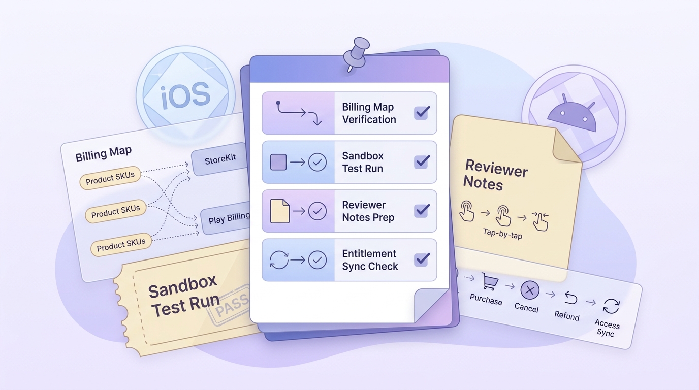 Launch checklist for Stripe in mobile apps covering billing mapping, sandbox testing, review notes, and entitlement checks for iOS and Android.