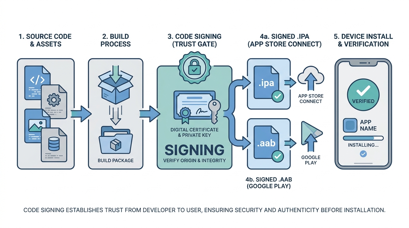 Process diagram of code signing from build to app store to device verification for founders. Process diagram of code signing from build to app store to device verification for founders.