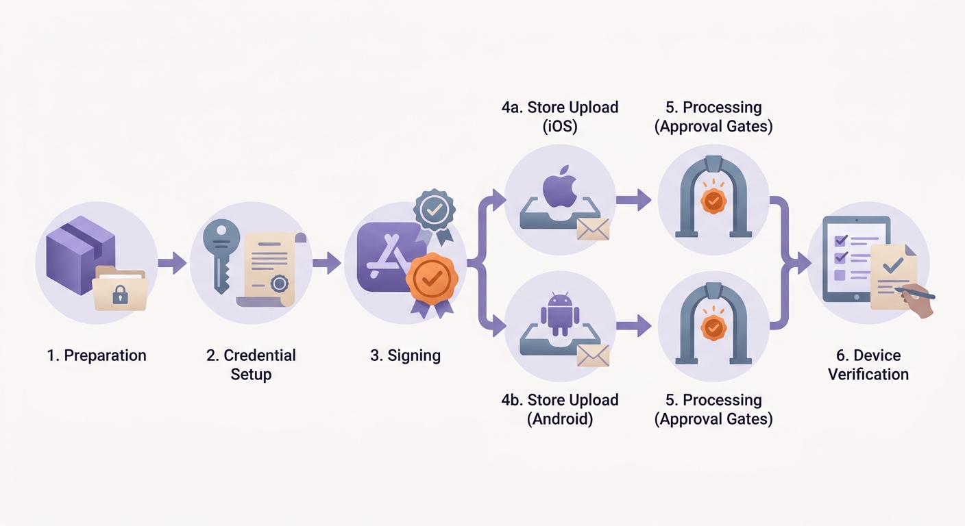 Timeline of a founder's code signing workflow from credentials to app store upload and device verification. Timeline of a founder's code signing workflow from credentials to app store upload and device verification.