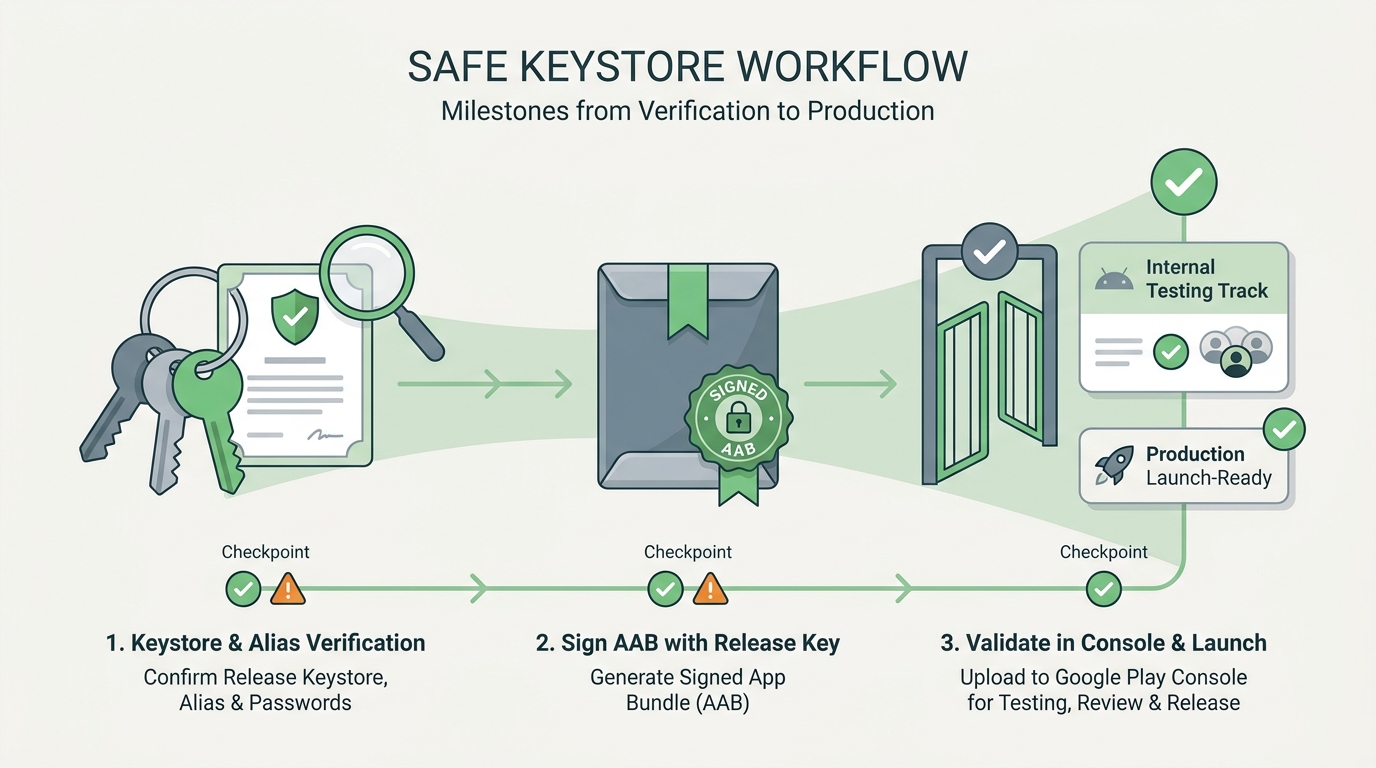 A release flow from keystore verification to signed build creation to Play Console internal-track validation. A release flow from keystore verification to signed build creation to Play Console internal-track validation.
