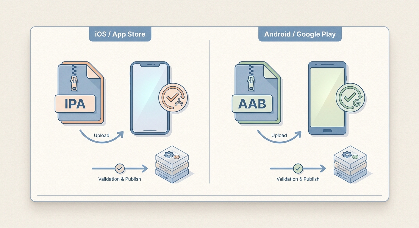 Comparison of IPA for iOS App Store publishing and AAB for Google Play publishing.
