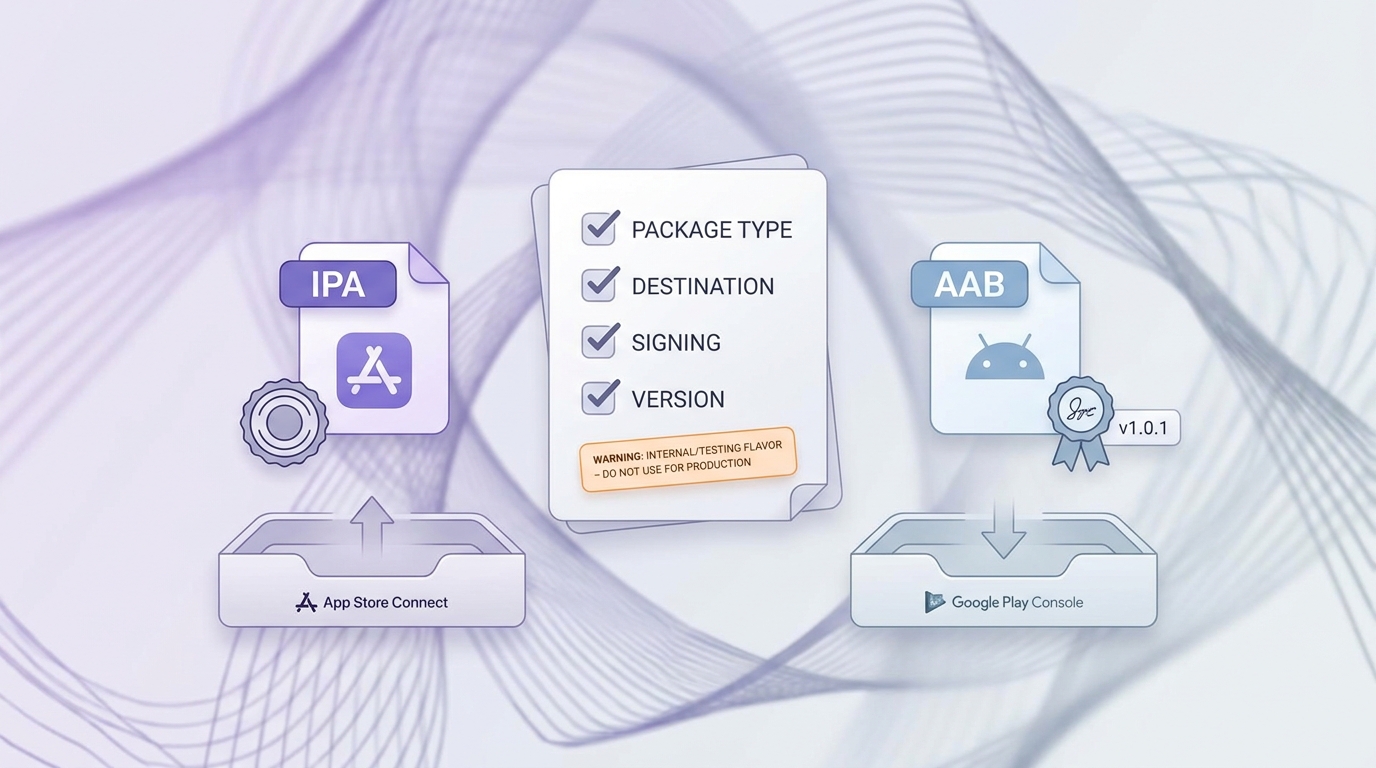 Pre-upload checklist for confirming IPA or AAB before app store submission.