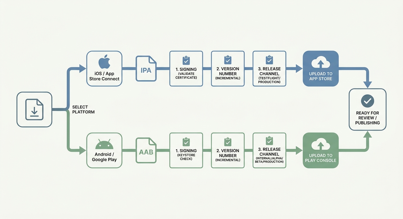 Workflow for choosing IPA or AAB based on App Store or Google Play destination.