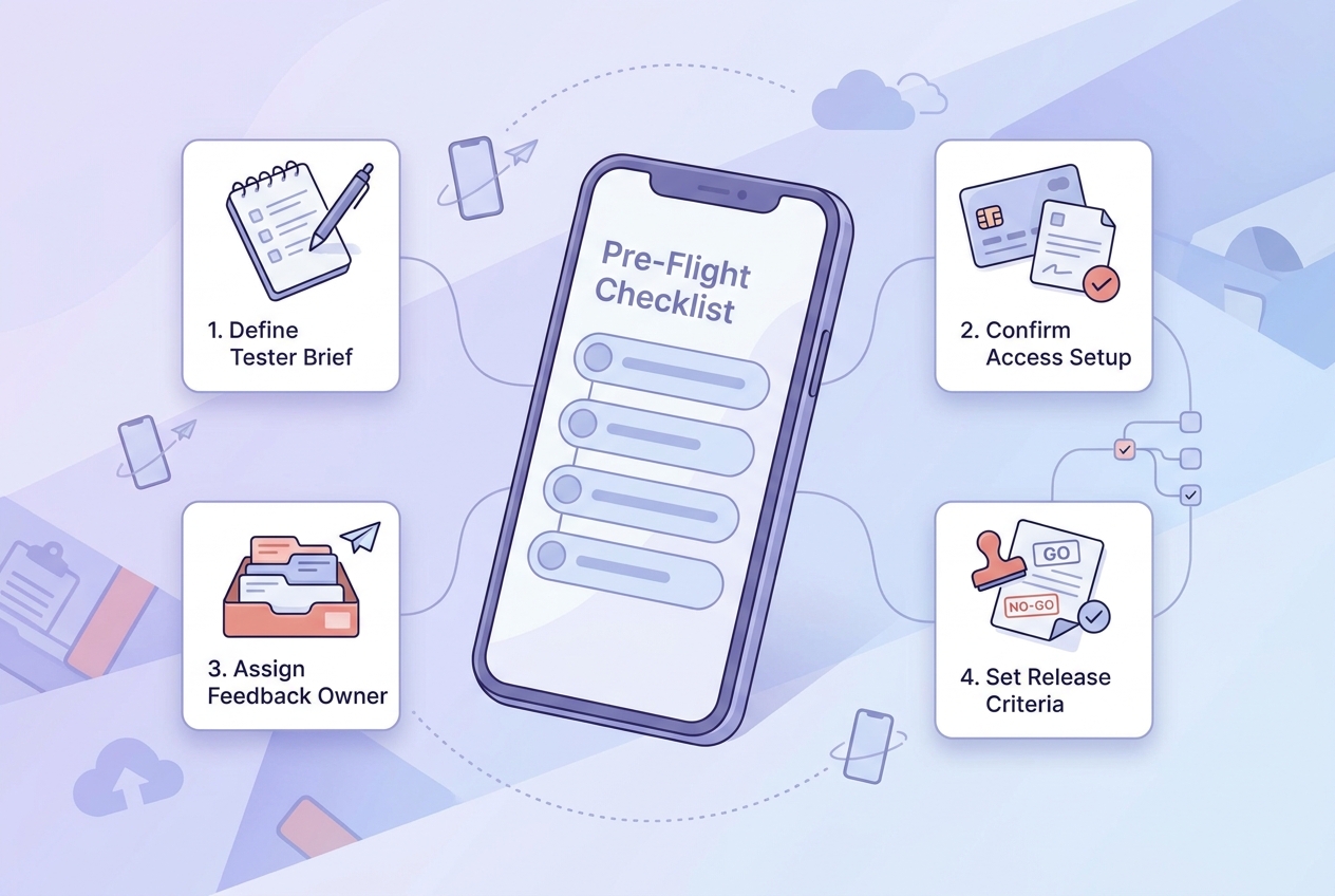 Checklist for non-technical founders preparing a TestFlight beta, including tester brief, access setup, and release criteria. Checklist for non-technical founders preparing a TestFlight beta, including tester brief, access setup, and release criteria.