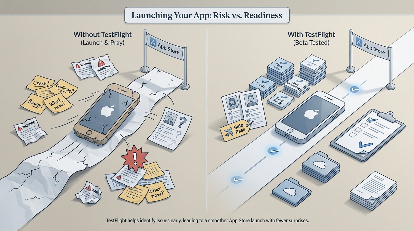 Comparison of launching an iPhone app without TestFlight versus after a TestFlight beta round, showing fewer surprises and better launch readiness. Comparison of launching an iPhone app without TestFlight versus after a TestFlight beta round, showing fewer surprises and better launch readiness.