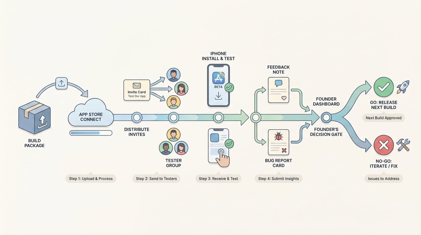Workflow diagram of TestFlight from build upload to tester feedback and release decision. Workflow diagram of TestFlight from build upload to tester feedback and release decision.