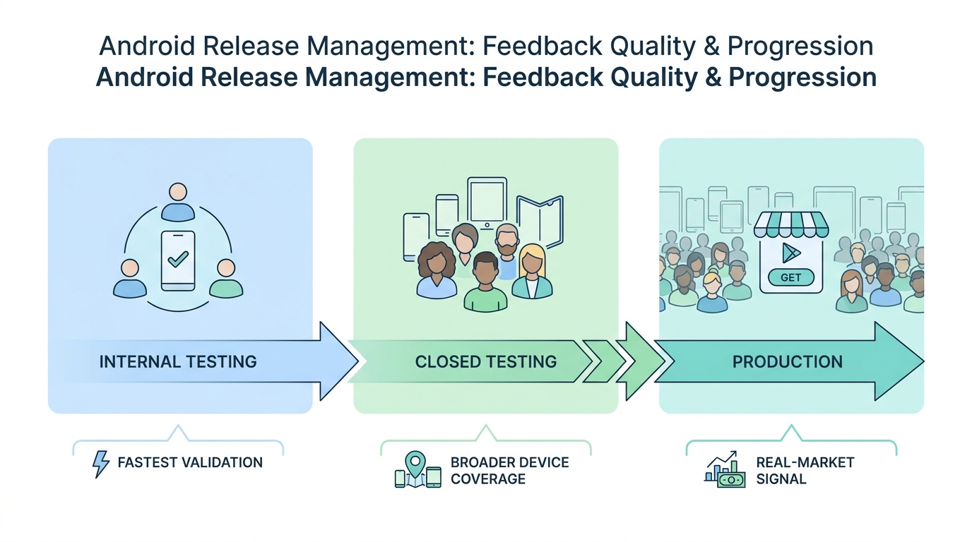 Process diagram showing feedback progression from Internal Testing to Closed Testing to Production on Google Play. Process diagram showing feedback progression from Internal Testing to Closed Testing to Production on Google Play.