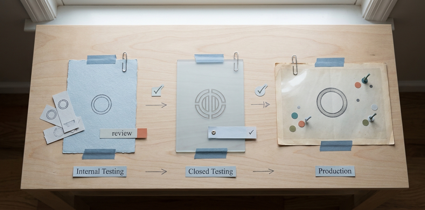 Comparison table of Google Play Internal Testing, Closed Testing, and Production by access, friction, and use case. Comparison table of Google Play Internal Testing, Closed Testing, and Production by access, friction, and use case.