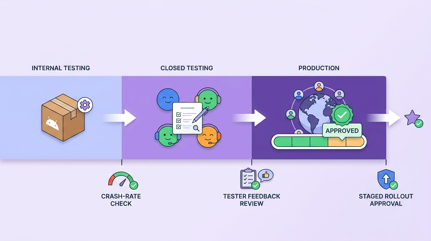 Timeline of an Android release workflow from Internal Testing through Closed Testing to Production. Timeline of an Android release workflow from Internal Testing through Closed Testing to Production.