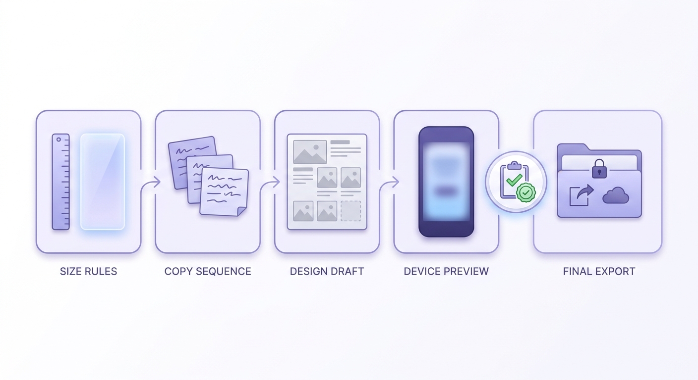 Timeline of the App Store screenshot workflow from size check to message planning, design, preview, and export. Timeline of the App Store screenshot workflow from size check to message planning, design, preview, and export.