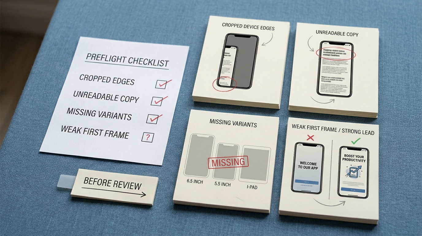 Checklist-style callout showing common App Store screenshot problems like cropped text, wrong sizes, and weak opening frame. Checklist-style callout showing common App Store screenshot problems like cropped text, wrong sizes, and weak opening frame.