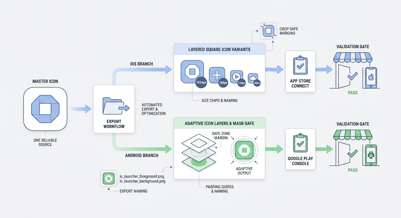 Workflow diagram for exporting one master app icon into iOS and Android deliverables for store submission. Workflow diagram for exporting one master app icon into iOS and Android deliverables for store submission.