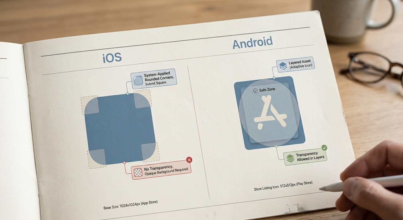 Comparison callout of iOS and Android app icon requirements with size, mask, and transparency notes. Comparison callout of iOS and Android app icon requirements with size, mask, and transparency notes.