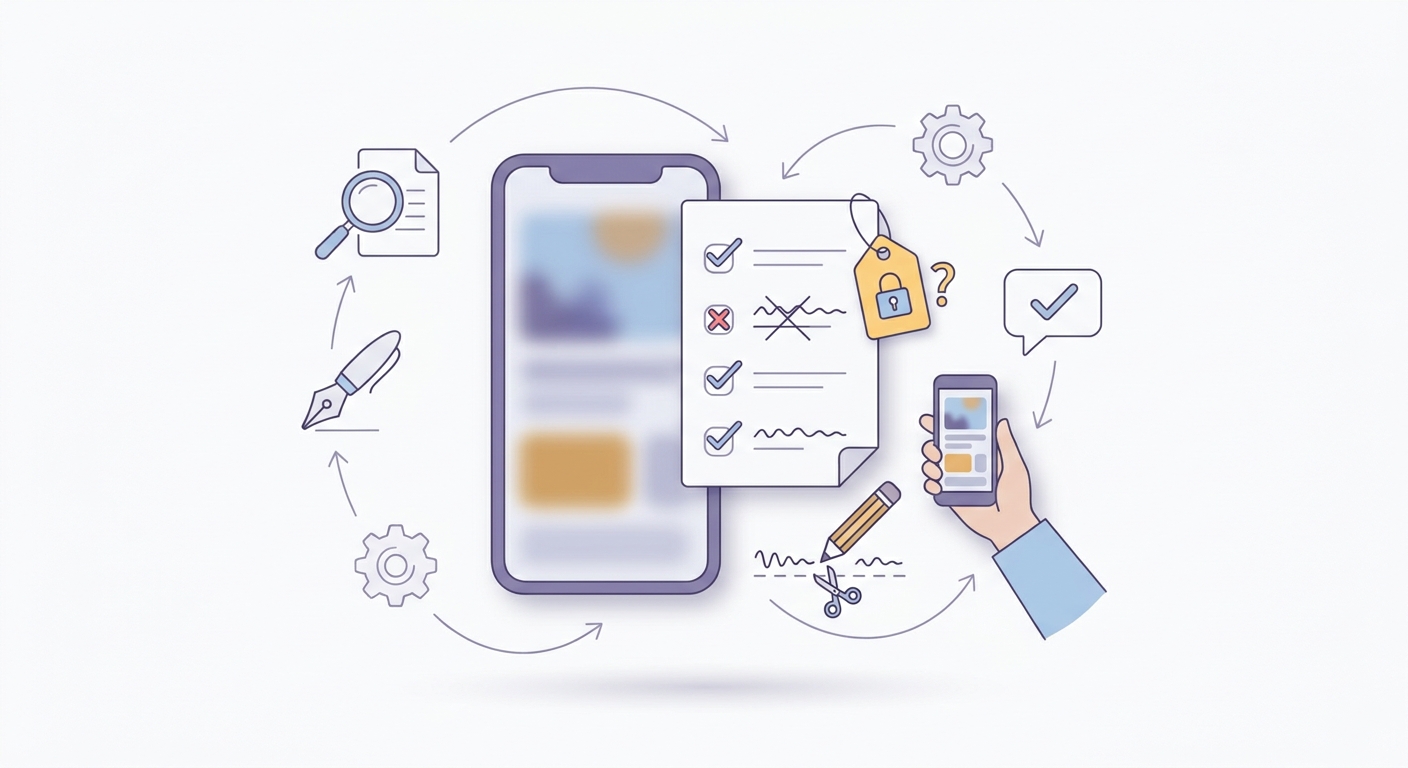 Checklist for final app description edits, including removing unsupported claims and confirming pricing and access details before upload.
