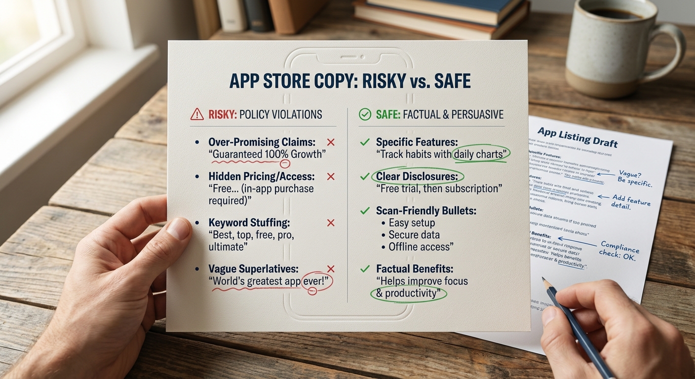 Split callout comparing risky app description phrases with safer, clearer alternatives for App Store and Google Play.