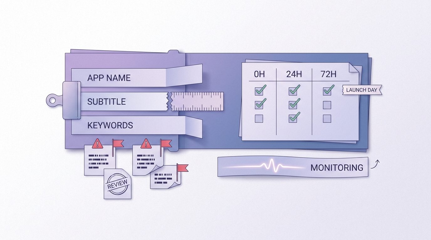 Launch checklist for reviewing app name, subtitle, and keywords during the first 72 hours after release. Launch checklist for reviewing app name, subtitle, and keywords during the first 72 hours after release.