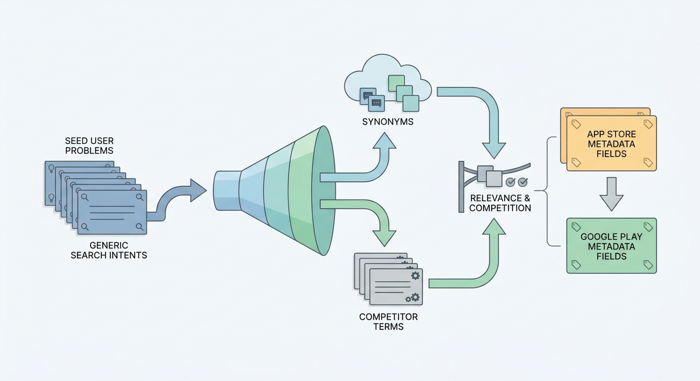 Workflow diagram showing how to build launch keywords from user intent, expand them, filter them, and map them to store metadata. Workflow diagram showing how to build launch keywords from user intent, expand them, filter them, and map them to store metadata.