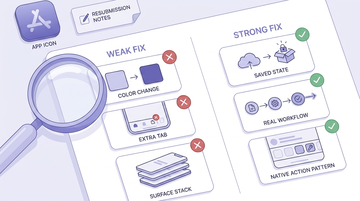 Checklist comparing strong and weak fixes for a minimum functionality App Store rejection. Checklist comparing strong and weak fixes for a minimum functionality App Store rejection.