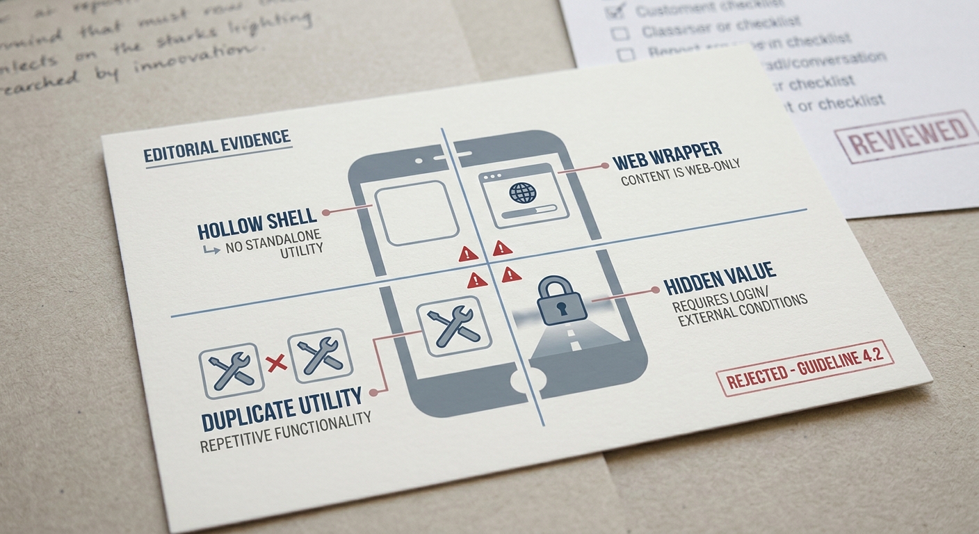 Evidence card listing common App Store Guideline 4.2 minimum functionality rejection patterns and their review impact. Evidence card listing common App Store Guideline 4.2 minimum functionality rejection patterns and their review impact.