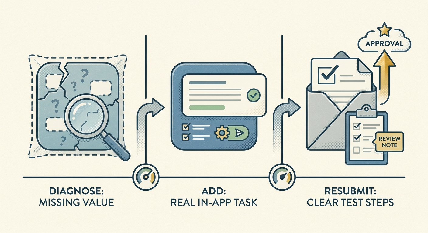 Process diagram showing how to fix an App Store Guideline 4.2 rejection by diagnosing the gap, adding utility, and resubmitting. Process diagram showing how to fix an App Store Guideline 4.2 rejection by diagnosing the gap, adding utility, and resubmitting.