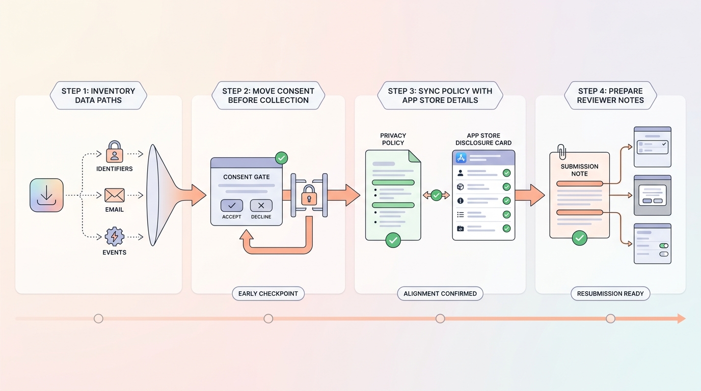 Workflow diagram for fixing a 5.1.2 rejection by inventorying data, moving consent earlier, syncing disclosures, and preparing reviewer notes. Workflow diagram for fixing a 5.1.2 rejection by inventorying data, moving consent earlier, syncing disclosures, and preparing reviewer notes.