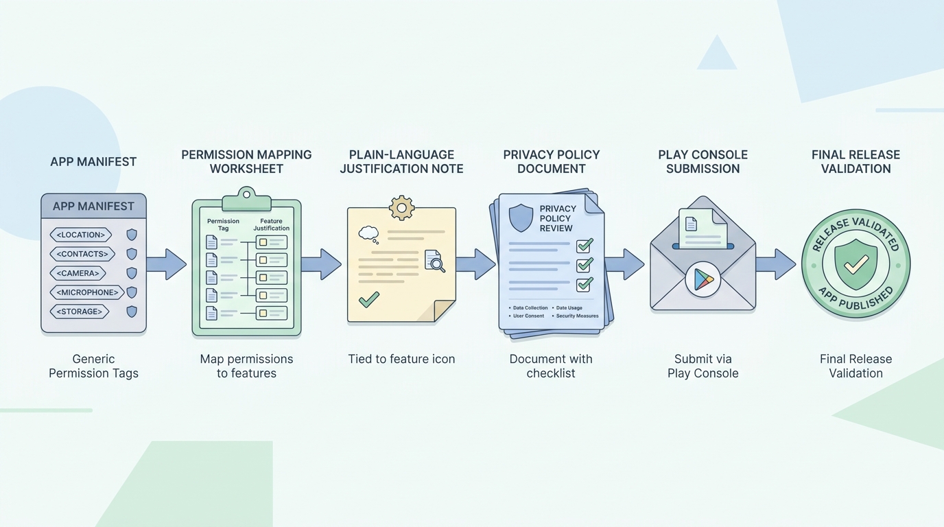 Process diagram of completing the Google Play permissions declaration form from manifest review to submission and validation. Process diagram of completing the Google Play permissions declaration form from manifest review to submission and validation.