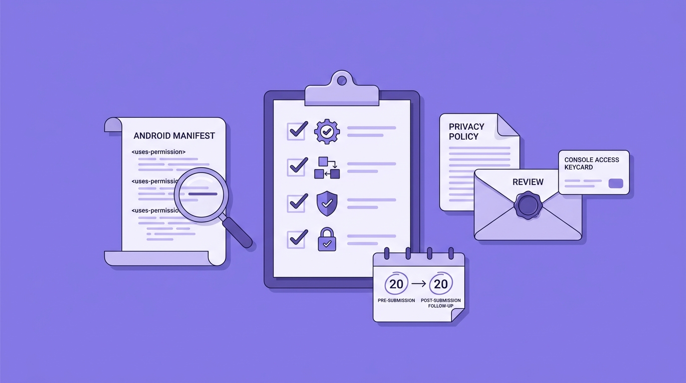 Checklist for verifying Google Play permissions declaration details before submitting an app release. Checklist for verifying Google Play permissions declaration details before submitting an app release.