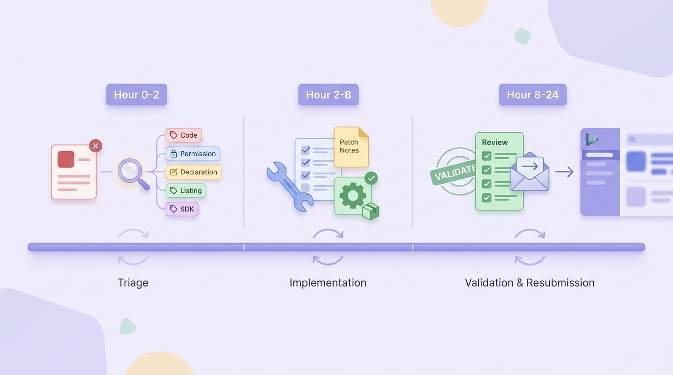 Timeline of a 24-hour Google Play resubmission process from rejection triage to fix, validation, and resubmit