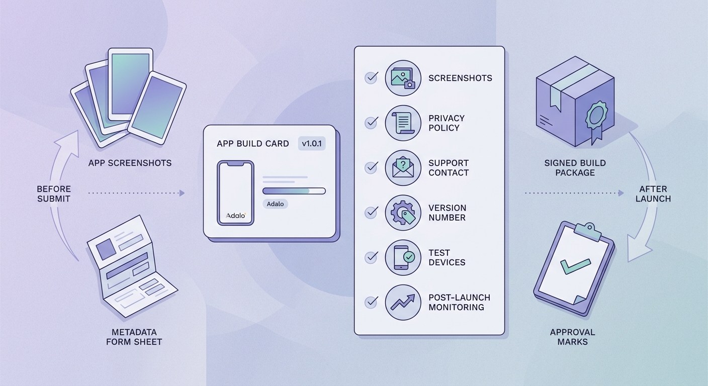 Launch checklist for an Adalo app before submission to App Store and Google Play.