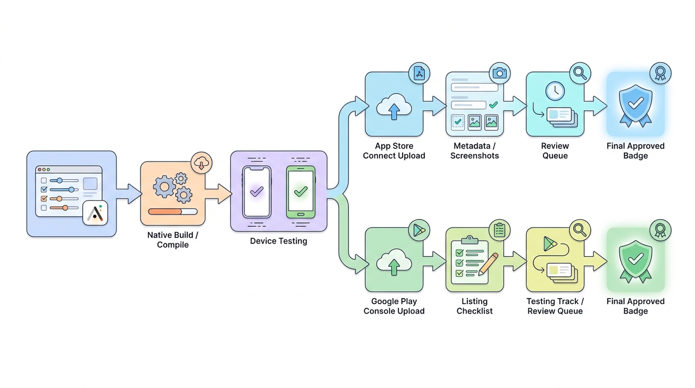 Flow diagram of publishing an Adalo app from setup and testing into App Store and Google Play submissions.