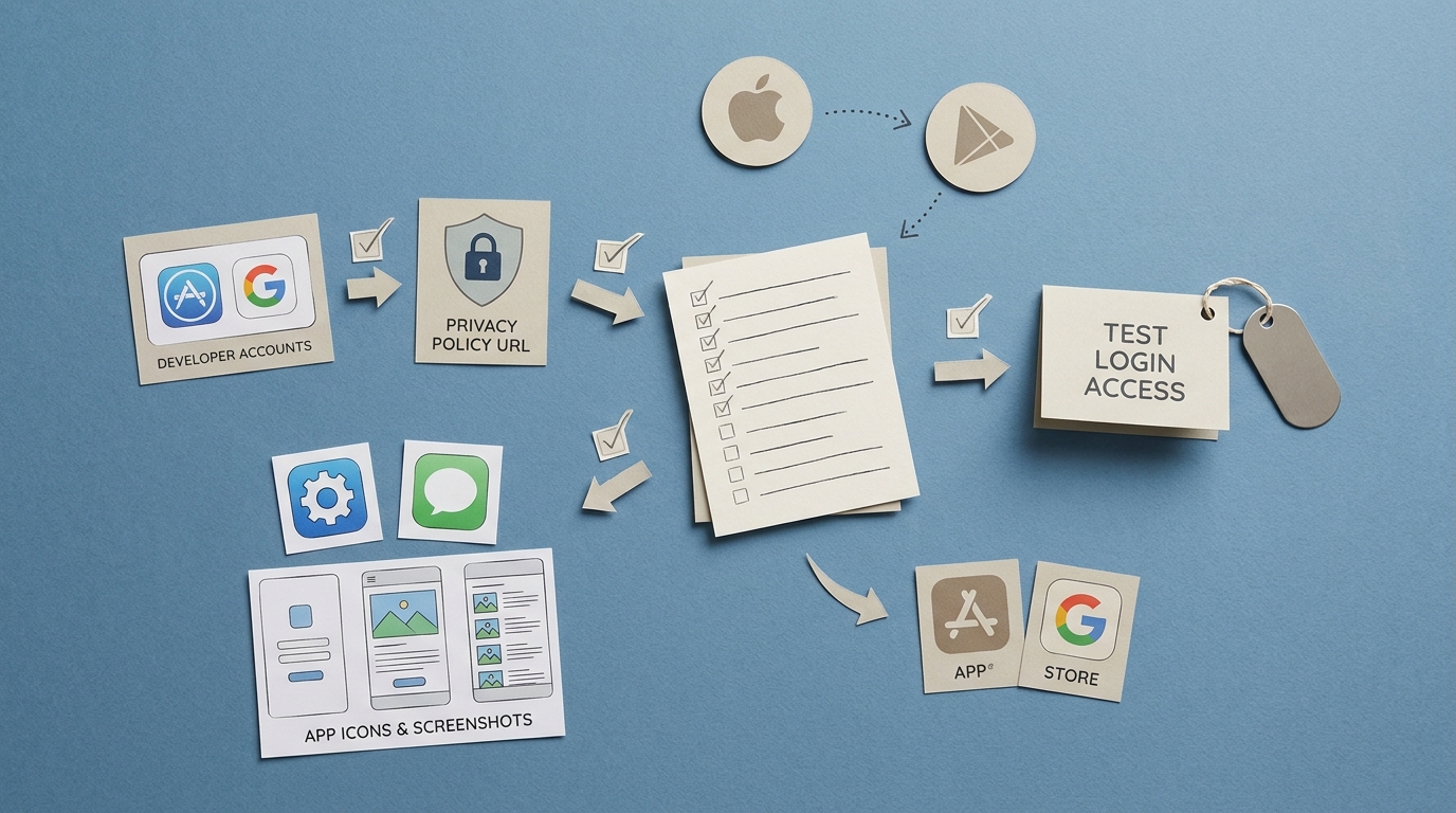 Checklist of the main assets needed to publish an Adalo app to App Store and Google Play.