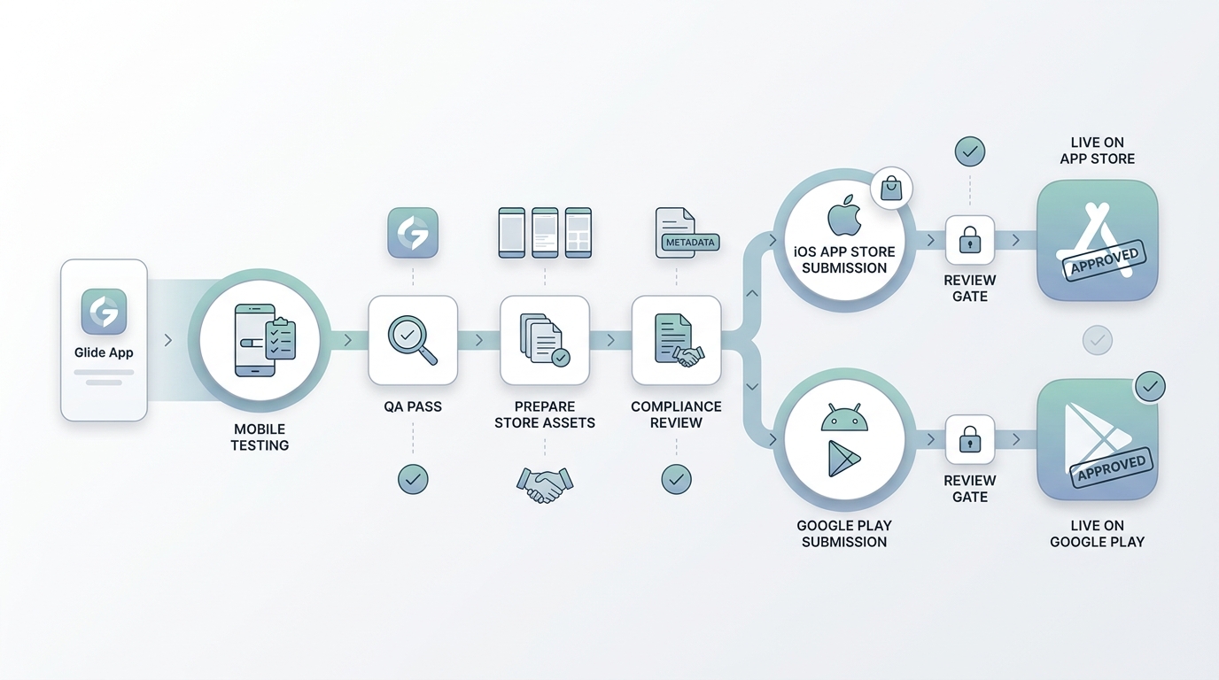 Process diagram showing how a Glide app moves from preparation to iOS and Android store submission.