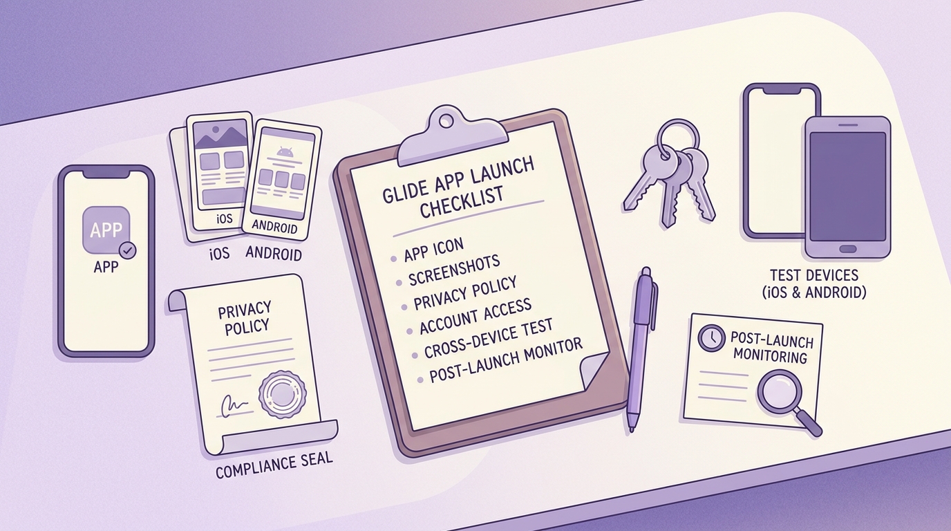 Launch checklist for publishing a Glide app as a mobile app, with submission and post-launch tasks.