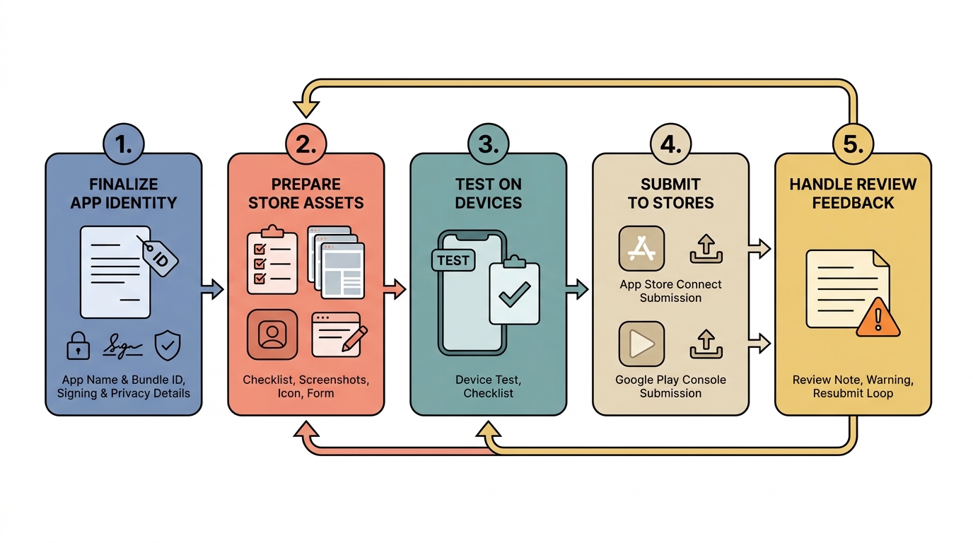 A process diagram showing the steps from Thunkable build to App Store and Google Play submission. A process diagram showing the steps from Thunkable build to App Store and Google Play submission.