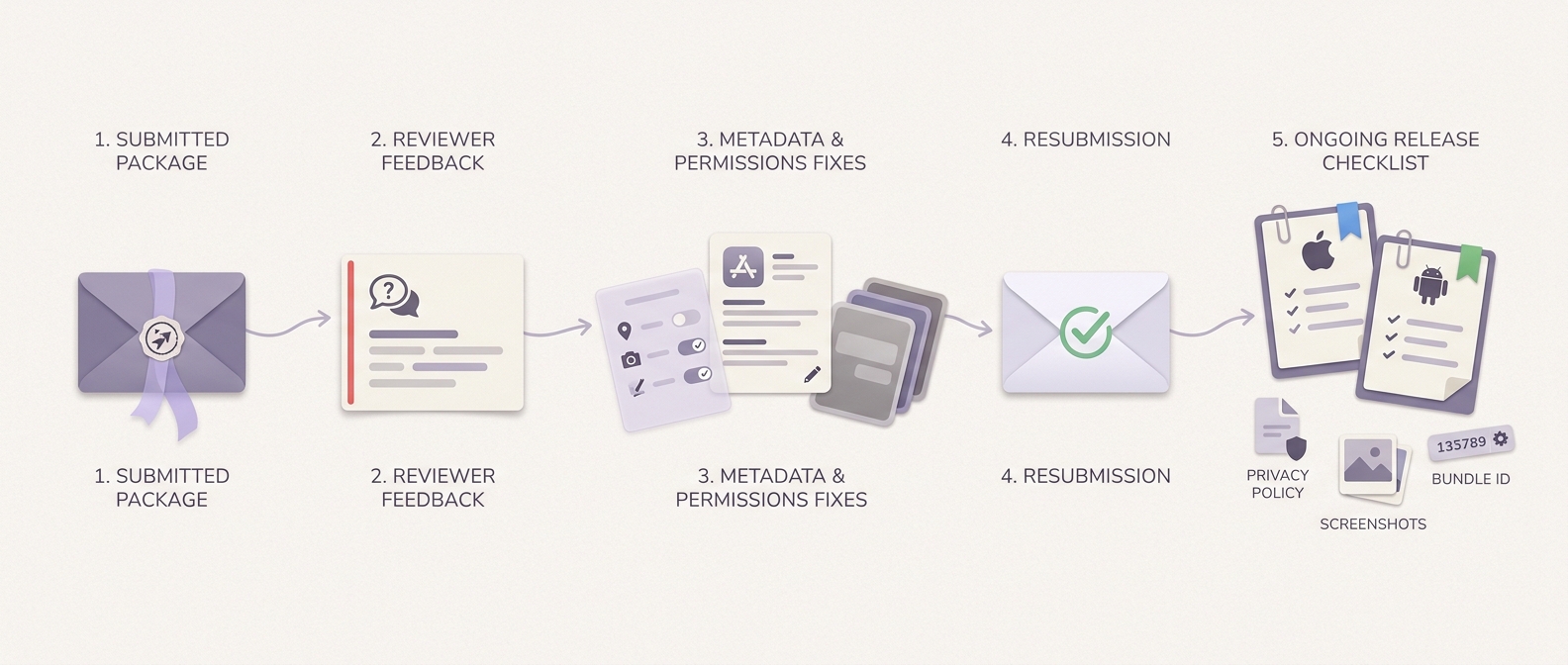 A timeline of first submission, review feedback, fixes, resubmission, and future app updates. A timeline of first submission, review feedback, fixes, resubmission, and future app updates.