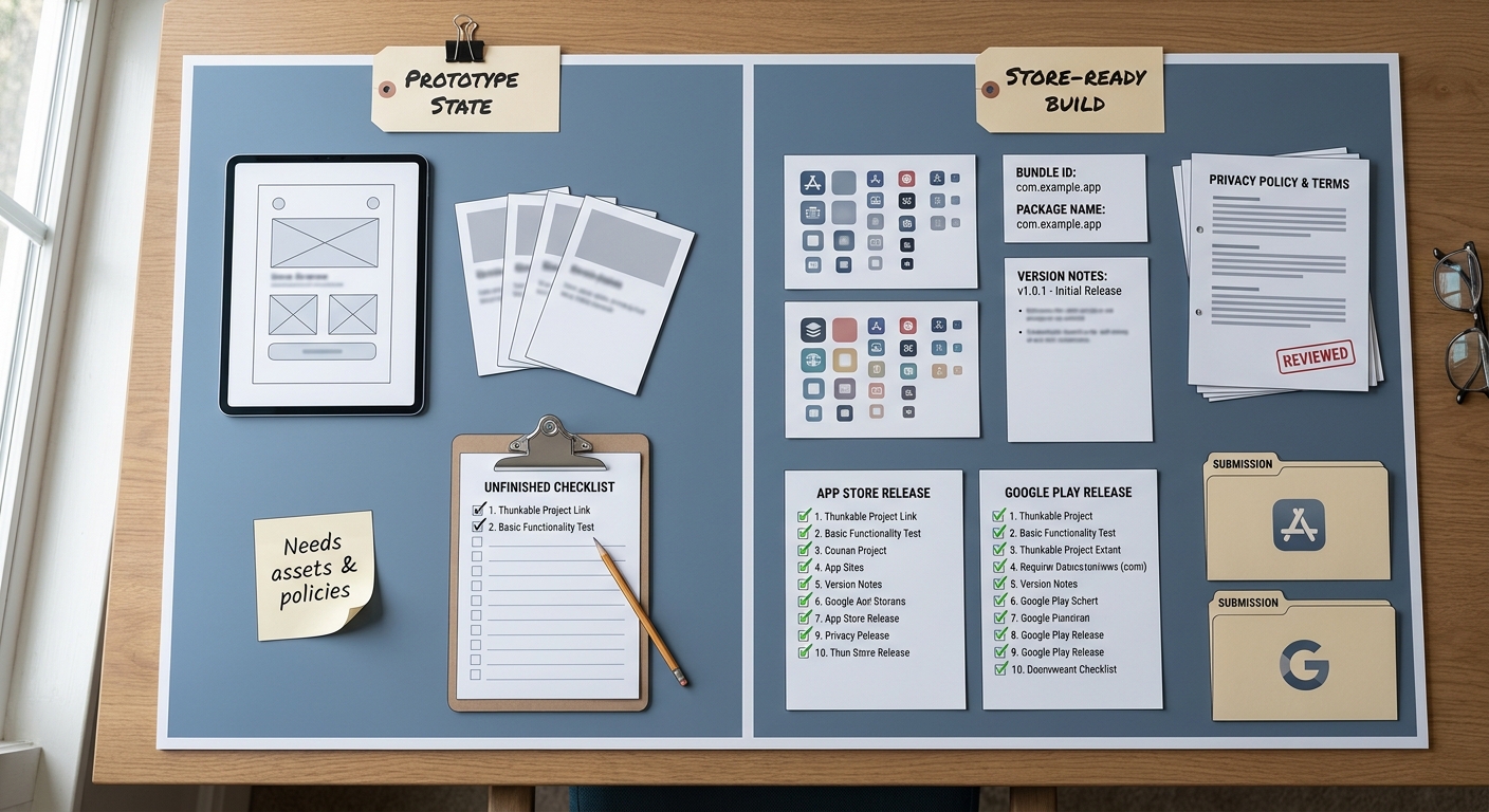 A proof card showing a Thunkable prototype before submission and a store-ready version after account setup, assets, and testing. A proof card showing a Thunkable prototype before submission and a store-ready version after account setup, assets, and testing.