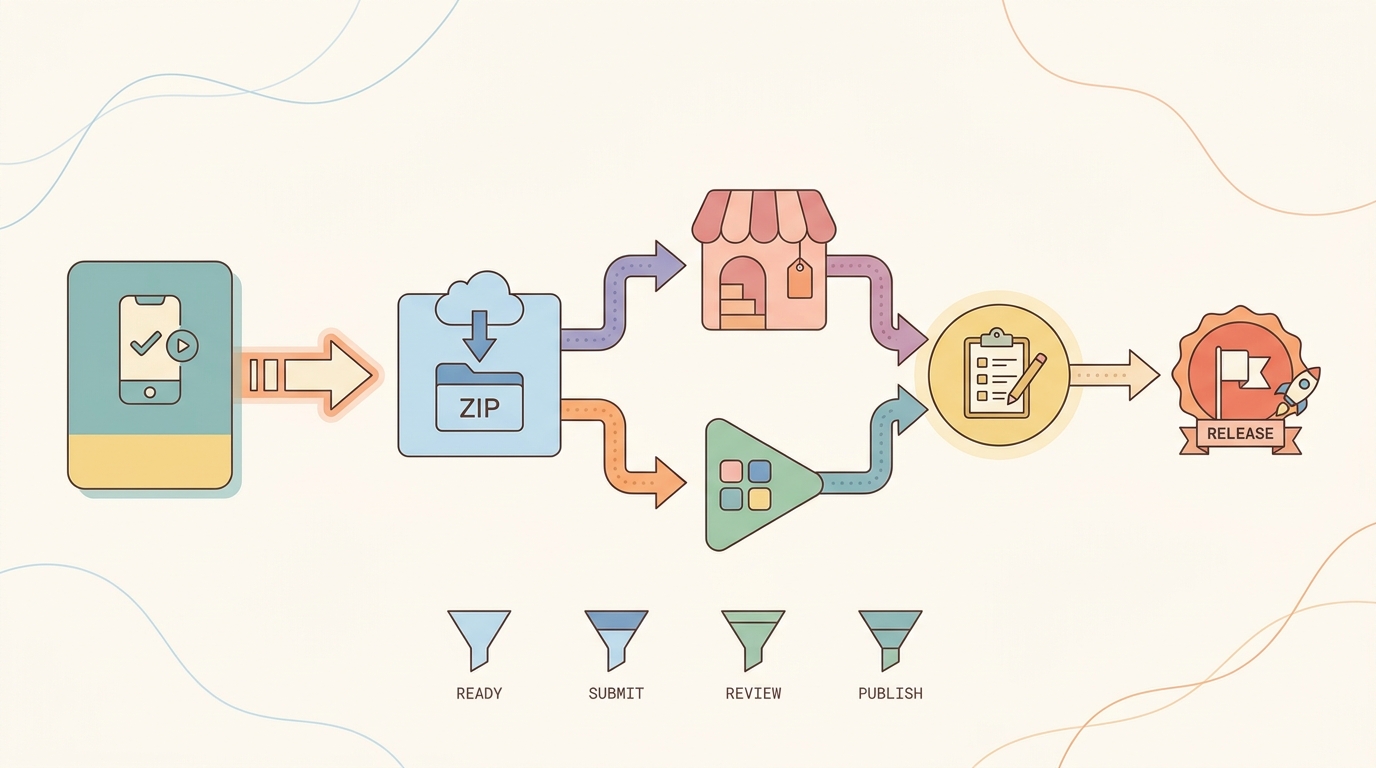 Process diagram of a Bravo Studio app moving from project setup to export, store submission, review, and launch.