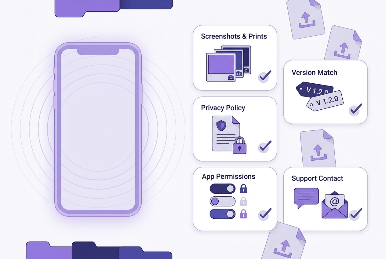 Checklist for the final Bravo Studio publishing review, with items for screenshots, privacy policy, permissions, version match, and support contact.