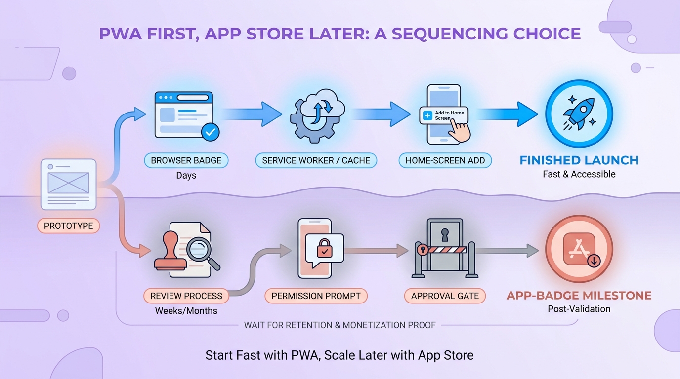 Timeline showing a fast PWA launch first, followed by later App Store publishing after validation and retention proof.