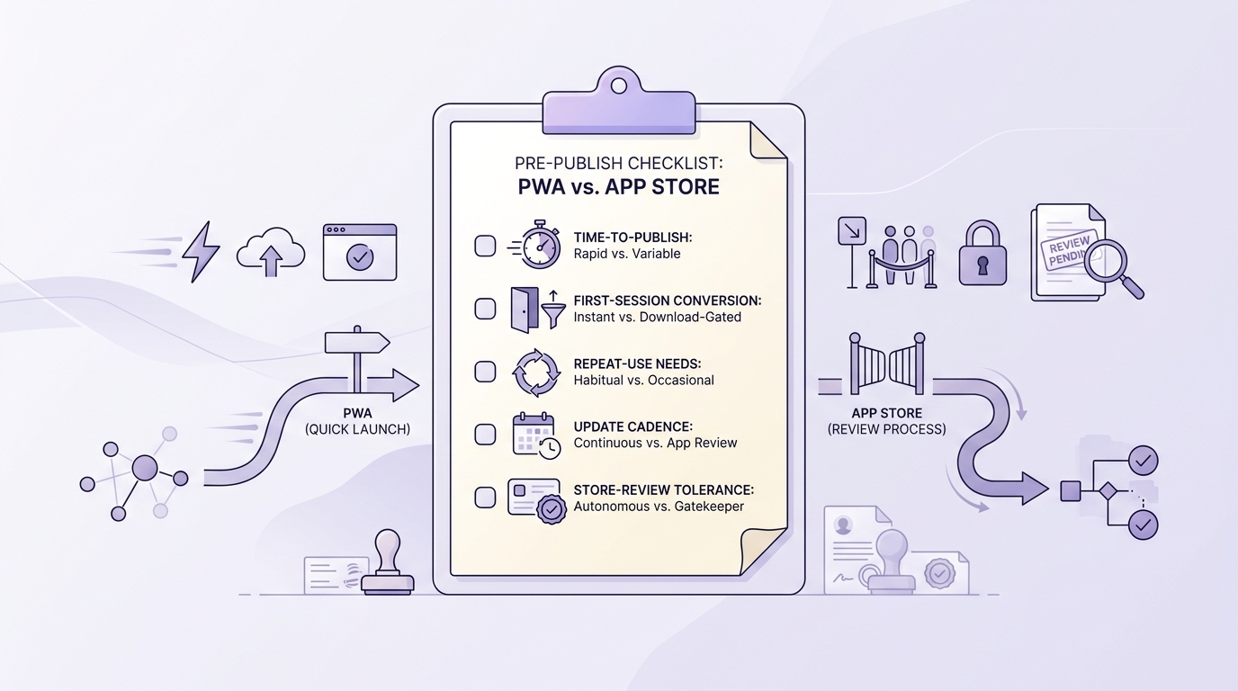 Checklist for founders deciding between PWA and App Store app based on metrics like time-to-publish, retention, and review tolerance.