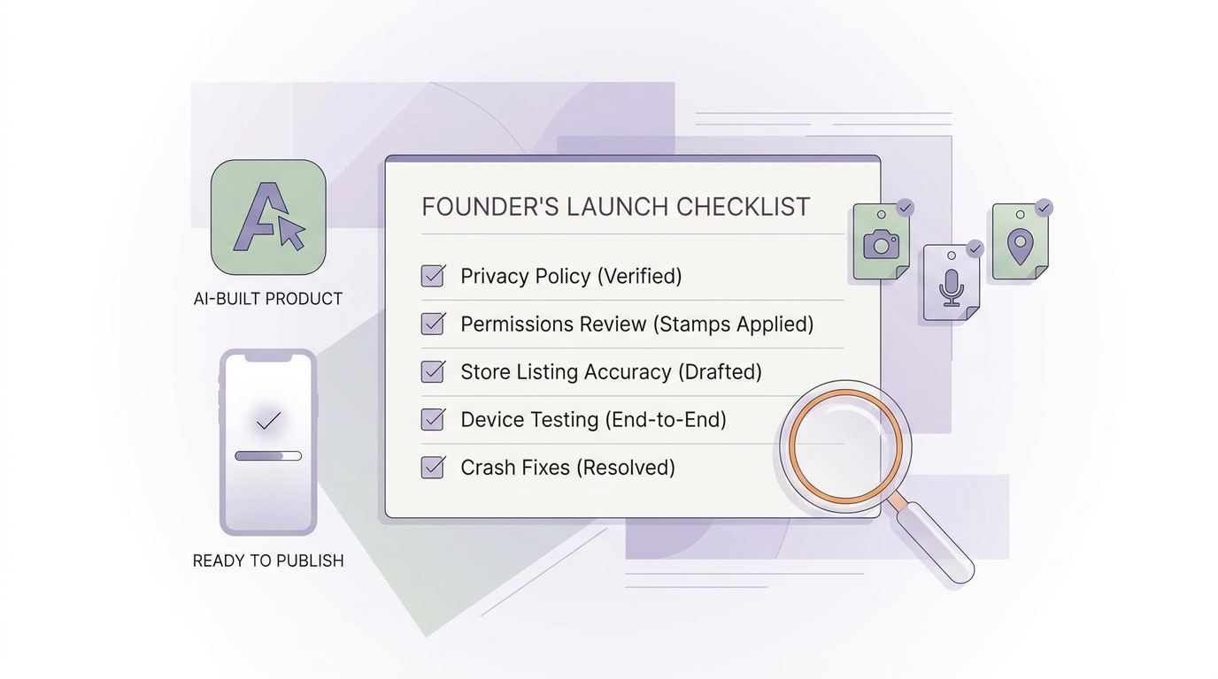 Launch checklist for an AI-built app before Google Play submission. Launch checklist for an AI-built app before Google Play submission.