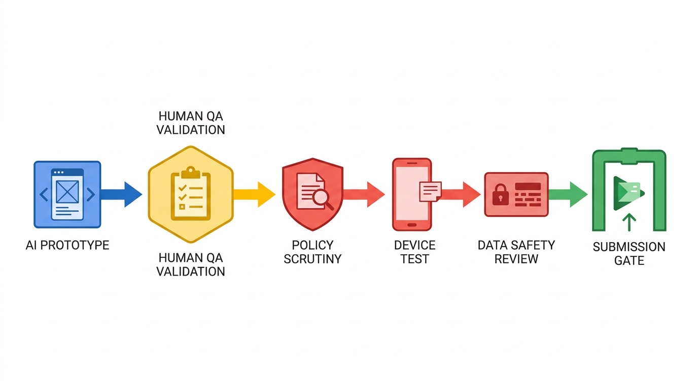 Workflow from AI prototype through human QA, policy check, and Google Play submission. Workflow from AI prototype through human QA, policy check, and Google Play submission.
