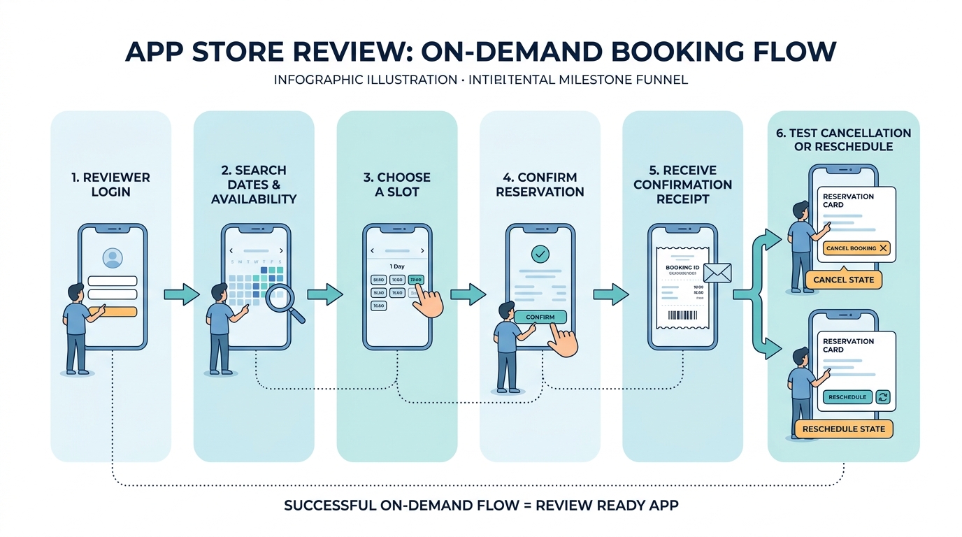 Process diagram showing the App Store review path through a booking app Process diagram showing the App Store review path through a booking app