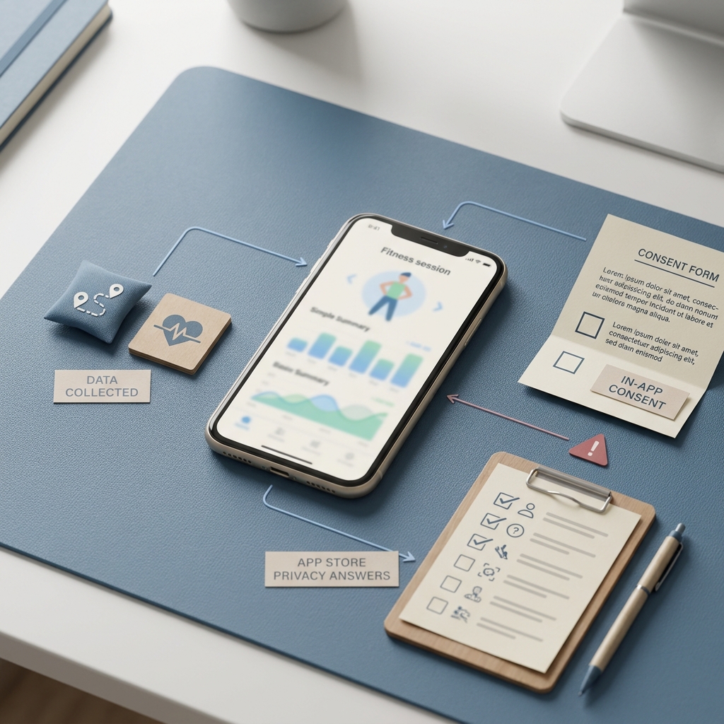 Callout visual showing workout data, consent text, and App Store privacy answers needing to match. Callout visual showing workout data, consent text, and App Store privacy answers needing to match.