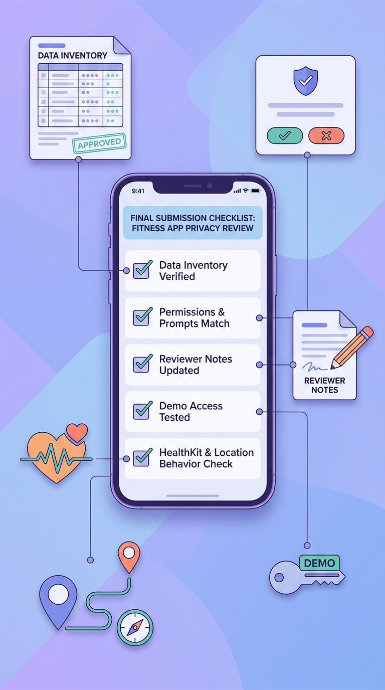 Checklist for final App Store privacy review submission readiness in a fitness app. Checklist for final App Store privacy review submission readiness in a fitness app.